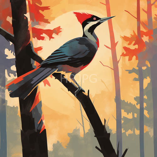 autumn forest glow surrounds elegant woodpecker in deep greens and warm light
