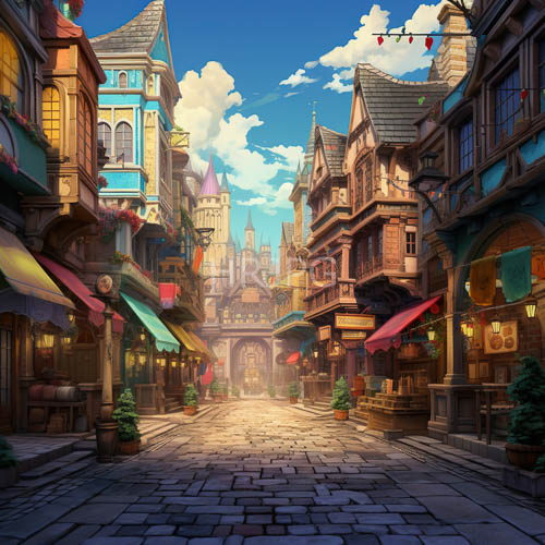 vibrant fantasy village under azure skies with weathered stone and rustic wood architecture