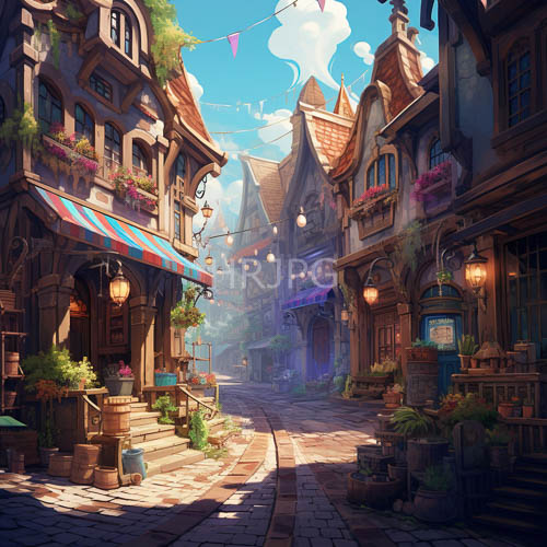 medieval village street with colorful awnings and lanterns