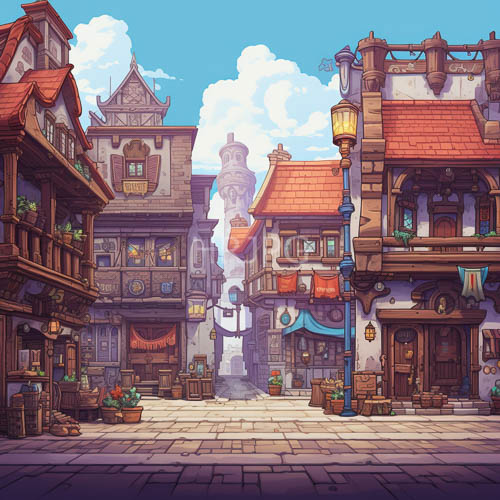 medieval village street with redtiled roofs and blooming flower pots under crystalclear blue skies