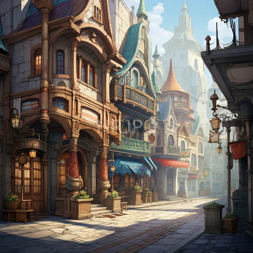High Resolution: Medieval Street Framed by Potted Plants and Ornate Facades download. | HRJPG.com