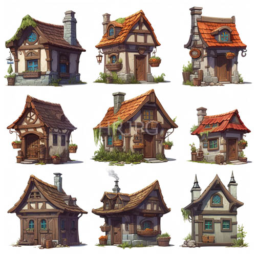 nine cottages with distinct roof textures and intricate chimneys amid whimsical rural charm