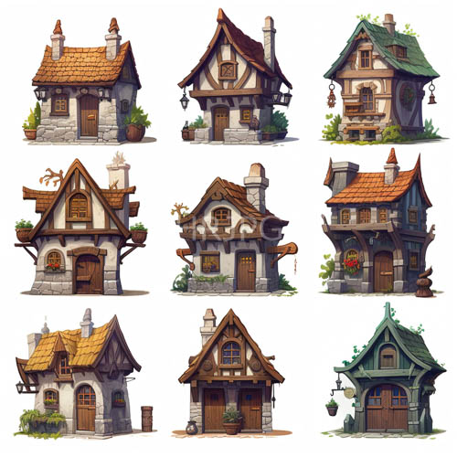 contrasting medieval style cottages with vibrant orange and green roof hues on a crisp white background