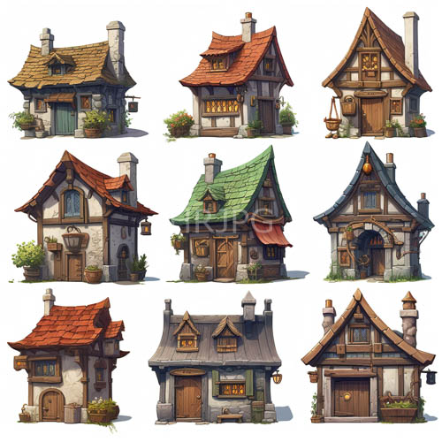 fairytale houses with whimsical roof shapes and colored window details amidst minimalist backdrop