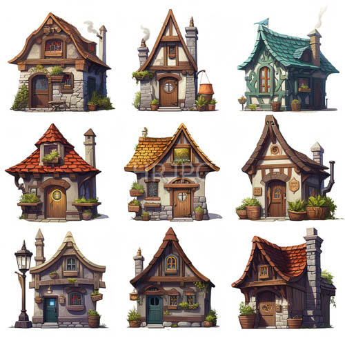 cottages transition to thatched roofs on a pristine white grid backdrop