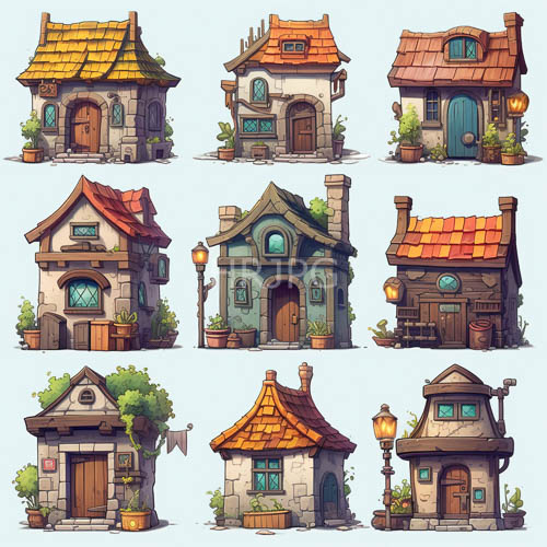 cartoonstyle houses with whimsical charm on crisp offwhite backdrop