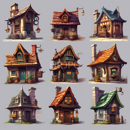 fairytale cottage rows under filtered morning light amidst gentle gray hues