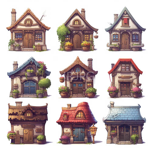 colorful storybook cottages clustered in tight symmetrical grid against clean white background