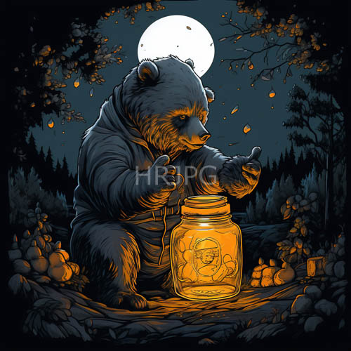 High Resolution: Anthropomorphic Bear Amidst Moonlit Foliage with Hidden Narrative in Cloaked Figure download. | HRJPG.com