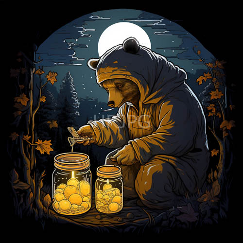 waxen bear carefully transfers amber honey under silver moon amidst autumn foliage