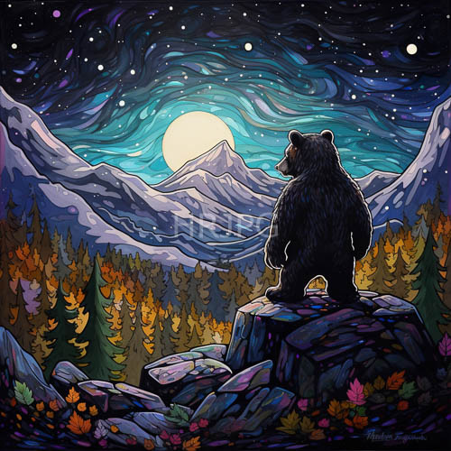 anthropomorphic bear stands firmly on rugged rocky terrain beneath starry night sky amidst autumn forest
