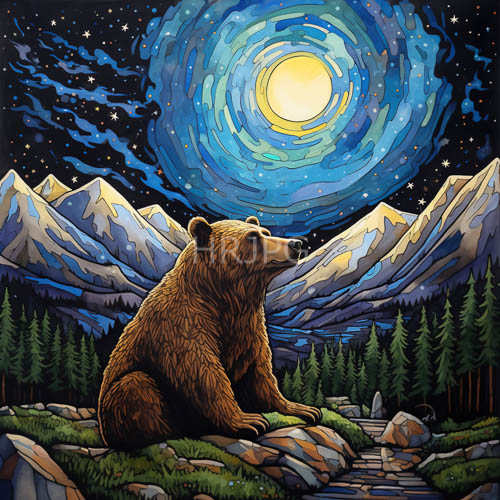 anthropomorphic brown bear contemplates snowcapped mountains amidst dancing auroral display