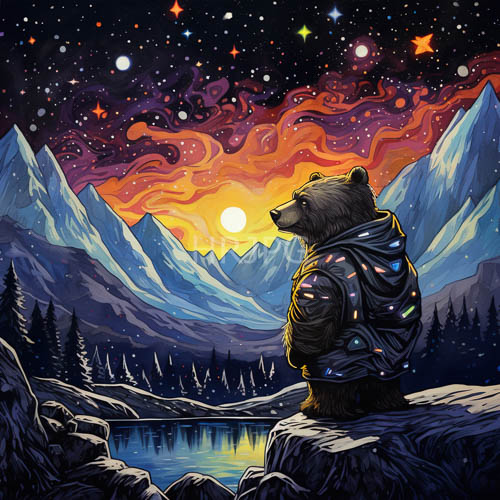 orange and purple clouds swirl around a full moon over snowy mountainous terrain