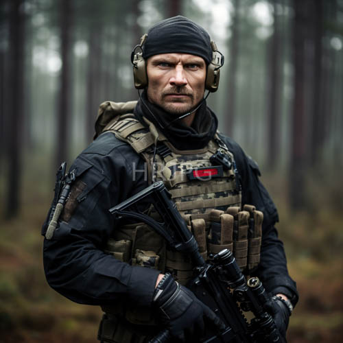 High Resolution: Tactical Operator in Camouflage Gear Engages in Surveillance in Dense Woodland Terrain Under Professional Lighting download. | HRJPG.com