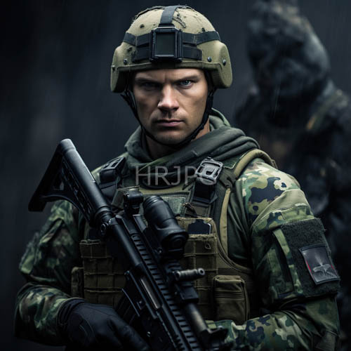 caucasian male soldier in camouflage gear gripping assault rifle on gritty battlefield terrain
