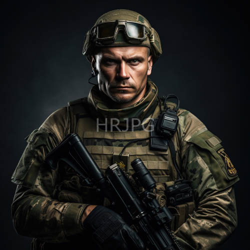 soldiers elite unit affiliation merges with tactical vest beneath stormy charcoal backdrop