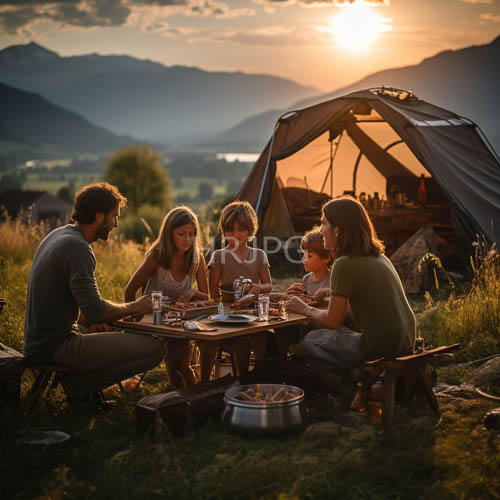 shared food and campfire camaraderie on a lush grassy hillside under fading summer sunset