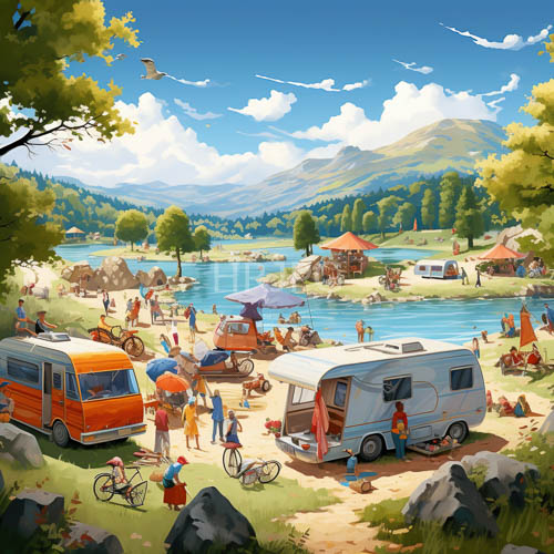 summer campers surround vibrant lake with colorful tents and mountainous backdrop