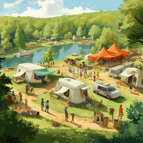 High Resolution: Tents and canopies burst under sunlight near tranquil river amidst lush green trees download. | HRJPG.com