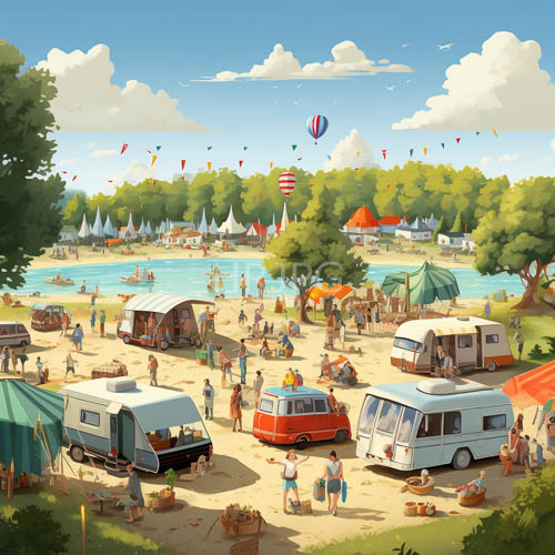 electric blue kites dance against cobalt blue summer sky over lakeside festival tents