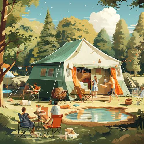 camping unfolds amidst lush trees under crystal clear skies