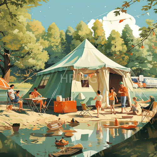 camping friends gather around lush green and white tents beside tranquil summer lake settings