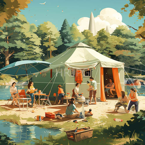 sunlit camper friends relaxed on verdant campsite with emerald trees