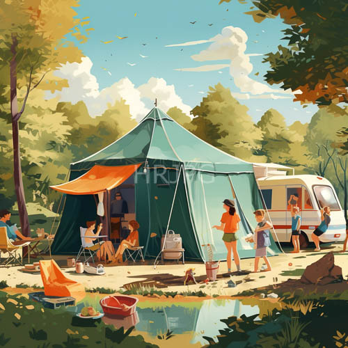High Resolution: Framed by lush trees a white camper van rests beside a green tent under a vibrant orange awning near the waters edge download. | HRJPG.com