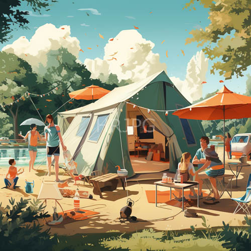 summer picnic gatherings under canopy of vibrant orange umbrellas
