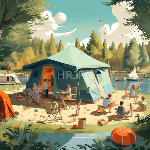 summer camping near tranquil lake under vast cloudy sky