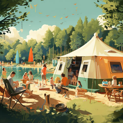 families crowd under colorful canopies beside turquoise waters and lively childrens laughter