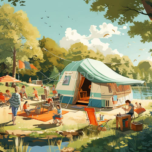 families gather beneath swaying trees in lush green landscapes of vibrant summer camps