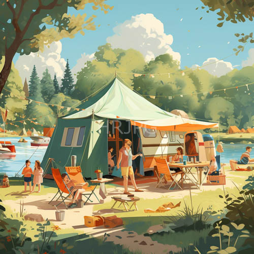 folding chairs encircle green tent in idyllic summer campsite near calm water