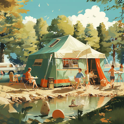 camping under dappled shade and sunlit summer afternoon near a lilypadded pond