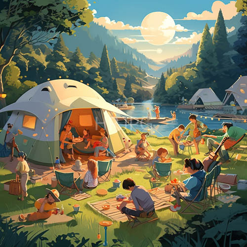 sunlight reflecting off lakes calm surface amidst summer campsite in lush green terrain