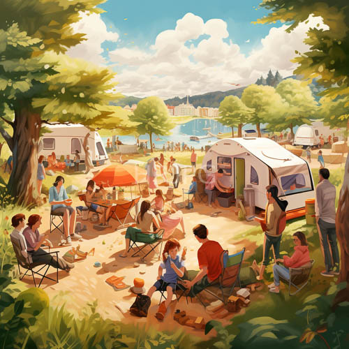 summer campsite gathering under sunlit trees with diverse families