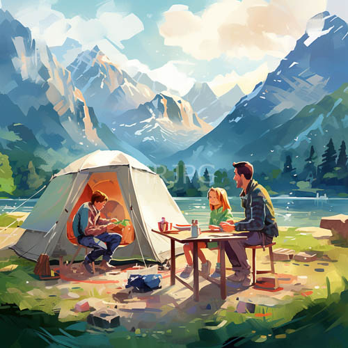 alpine encounters flicker across emerald fabrics and glacial waters under fluffy clouds