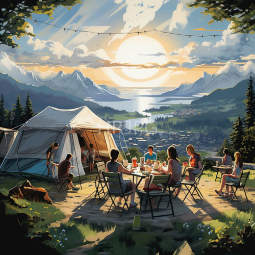 snowcapped mountains meet lakeside campsite amidst twinkling string lights
