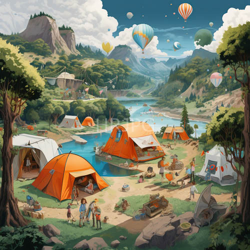 High Resolution: Families Gather Around Riverbank Campfires Under Starry Skies with Glowing Hot Air Balloons Drifting Aloft download. | HRJPG.com