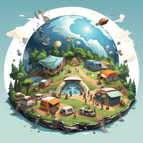 floating island campsite amidst verdant hills and soaring mountains under azure sky