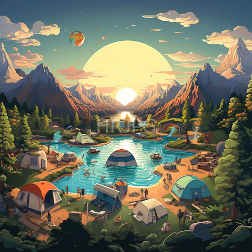 sunkissed campsite amidst turquoise lakes and snowcapped mountains