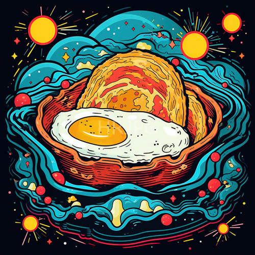 cosmic waves of blue water surround breakfast in wavy celestial bowl with red planetary orbs