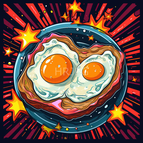 sunstruck eggs within crispy toast rings on oval plate amidst radiating red rays and yellow stars
