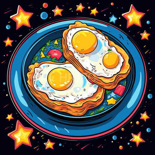 cosmic breakfast elements intersect with fresh green leaf accents on blue plate in deep space