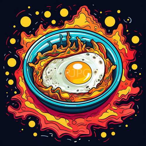 fried egg abstract radiance cascades from vibrant yellow center in cool blue bowl