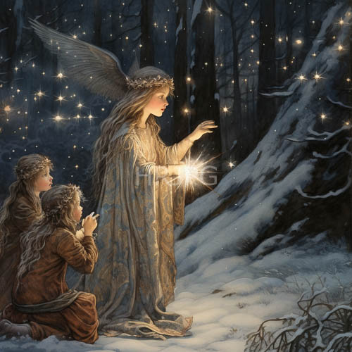angelic guardian interwoven with celestial light in a snowcovered forest at night