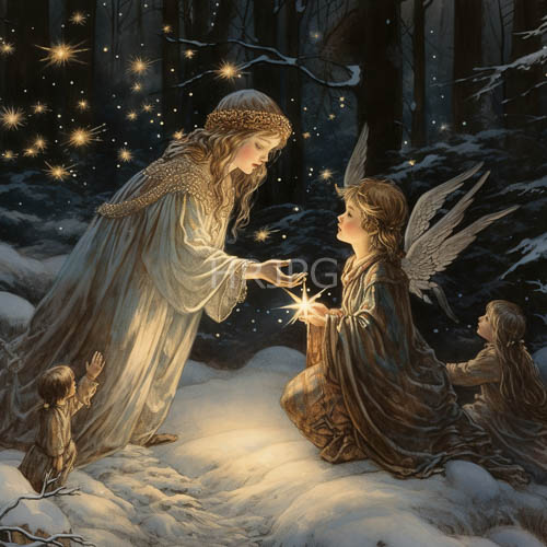 High Resolution: Stellar Interlude Amidst Luminous SnowCovered Trees and Glowing Celestial Guardians download. | HRJPG.com