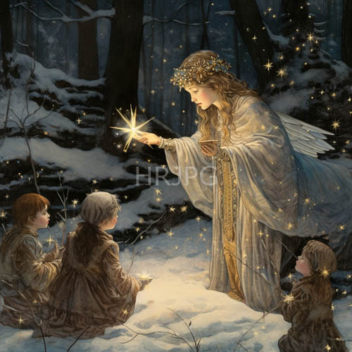 celestial figure surrounded by golden stars and midnight snow in a winter forest setting with expansive wings and luminous starlight