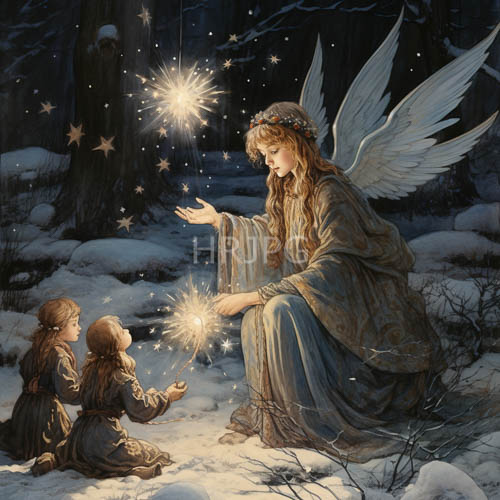 snowcovered forest with luminous angelic woman and celestial magic