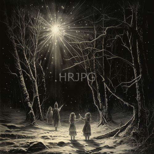 snowcovered ground illuminated by starburst light and looming figures in monochromatic drawing